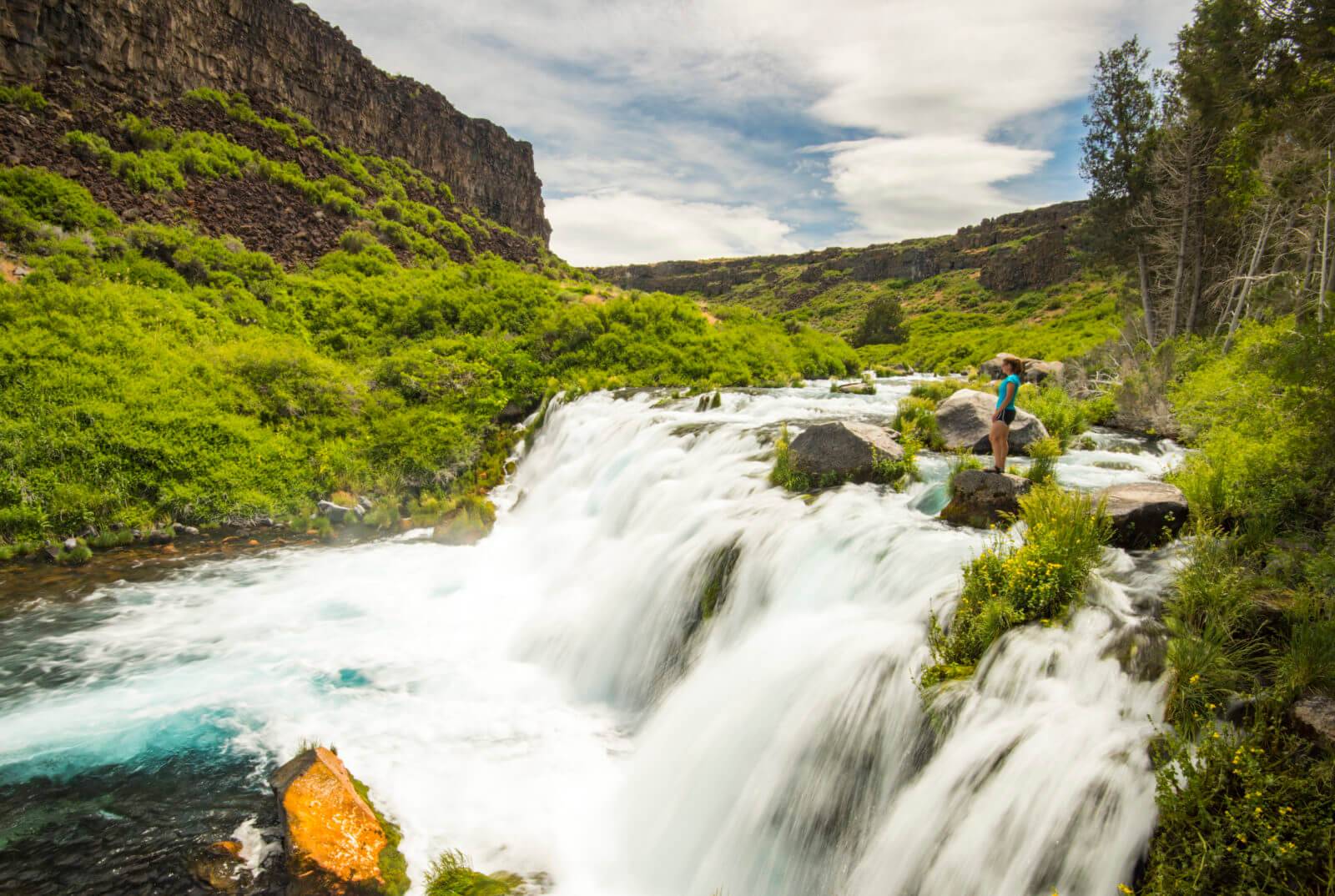 A person standing on a rock overlooking a waterfall surrounded by greenery at Earl M. Hardy Canyon Nature Preserve in Thousand Springs State Park.