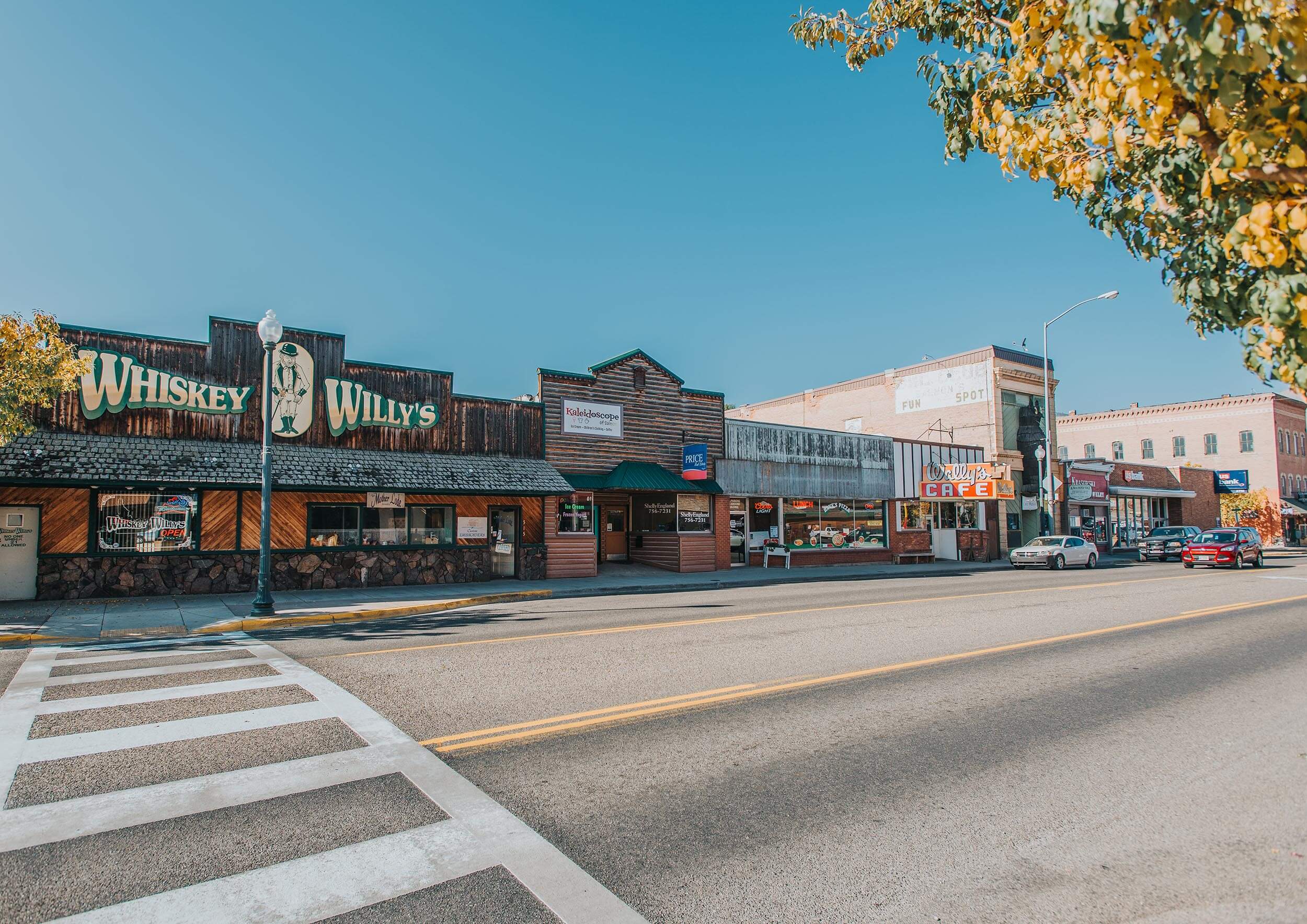 view of a street lined with wooden and brick historic looking buildings