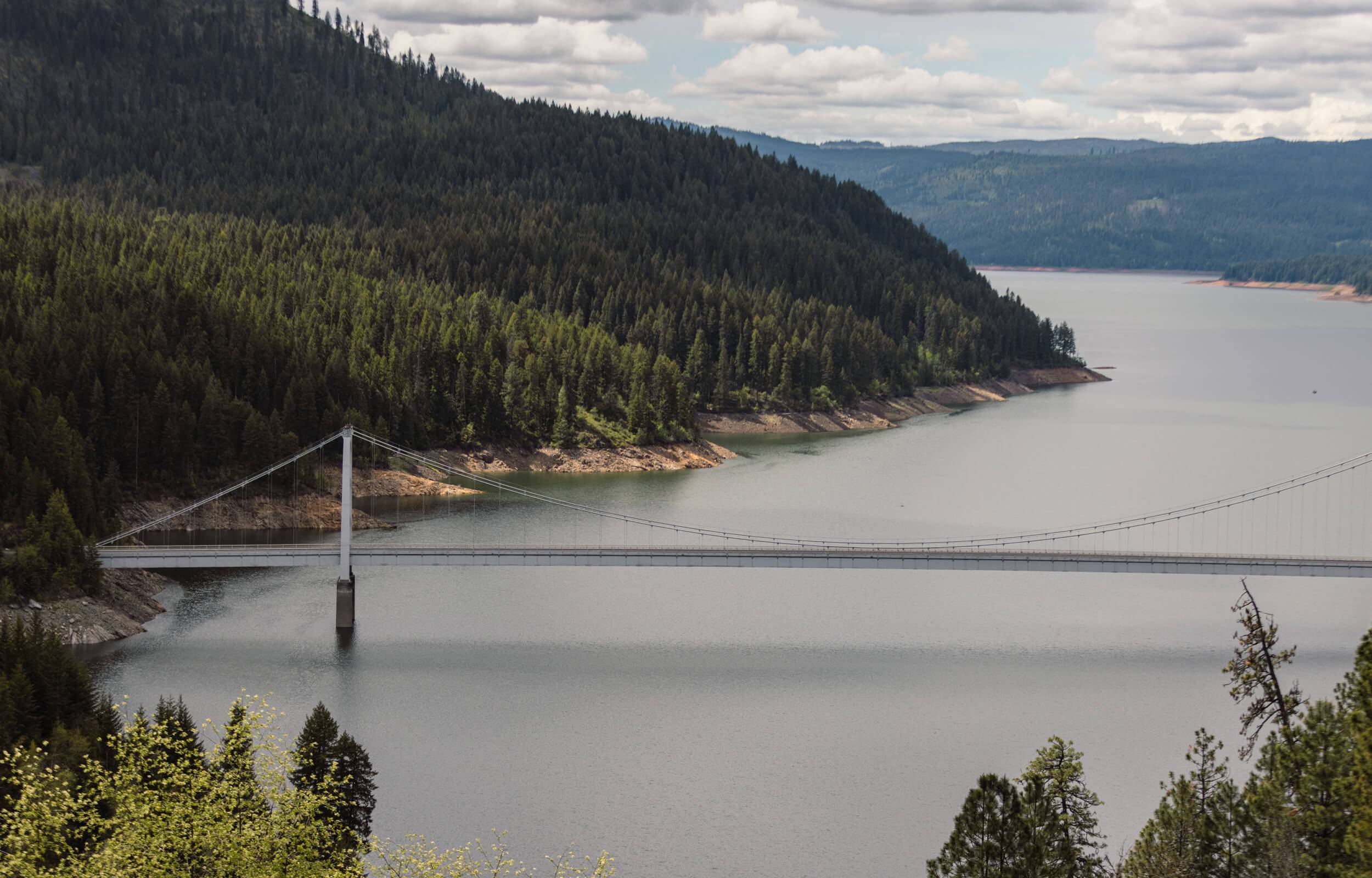 An aerial shot of the Dent Bridge across the Dworksak Reservoir, near Dworksak State Park. near