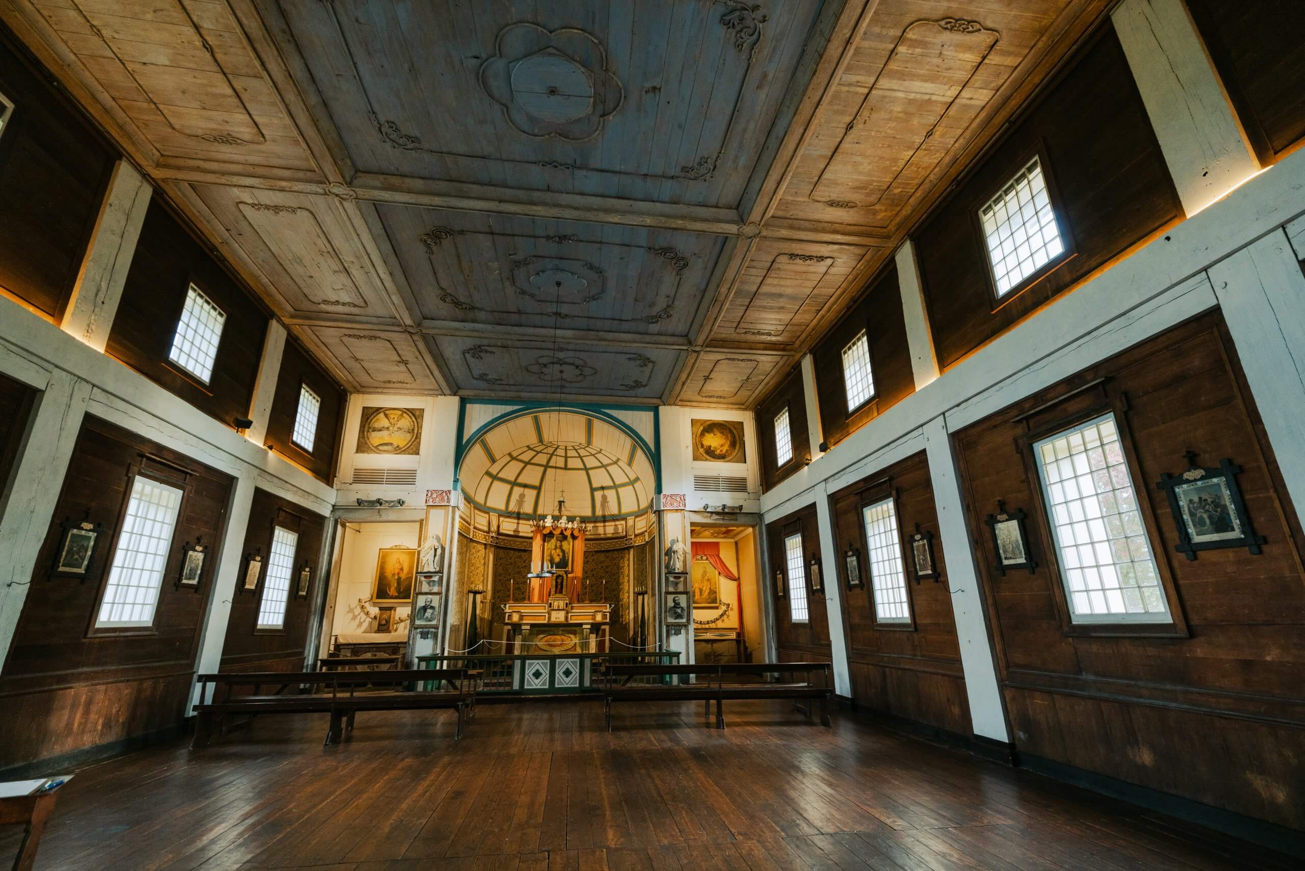 The empty interior of the Sacred Heart Mission Church.