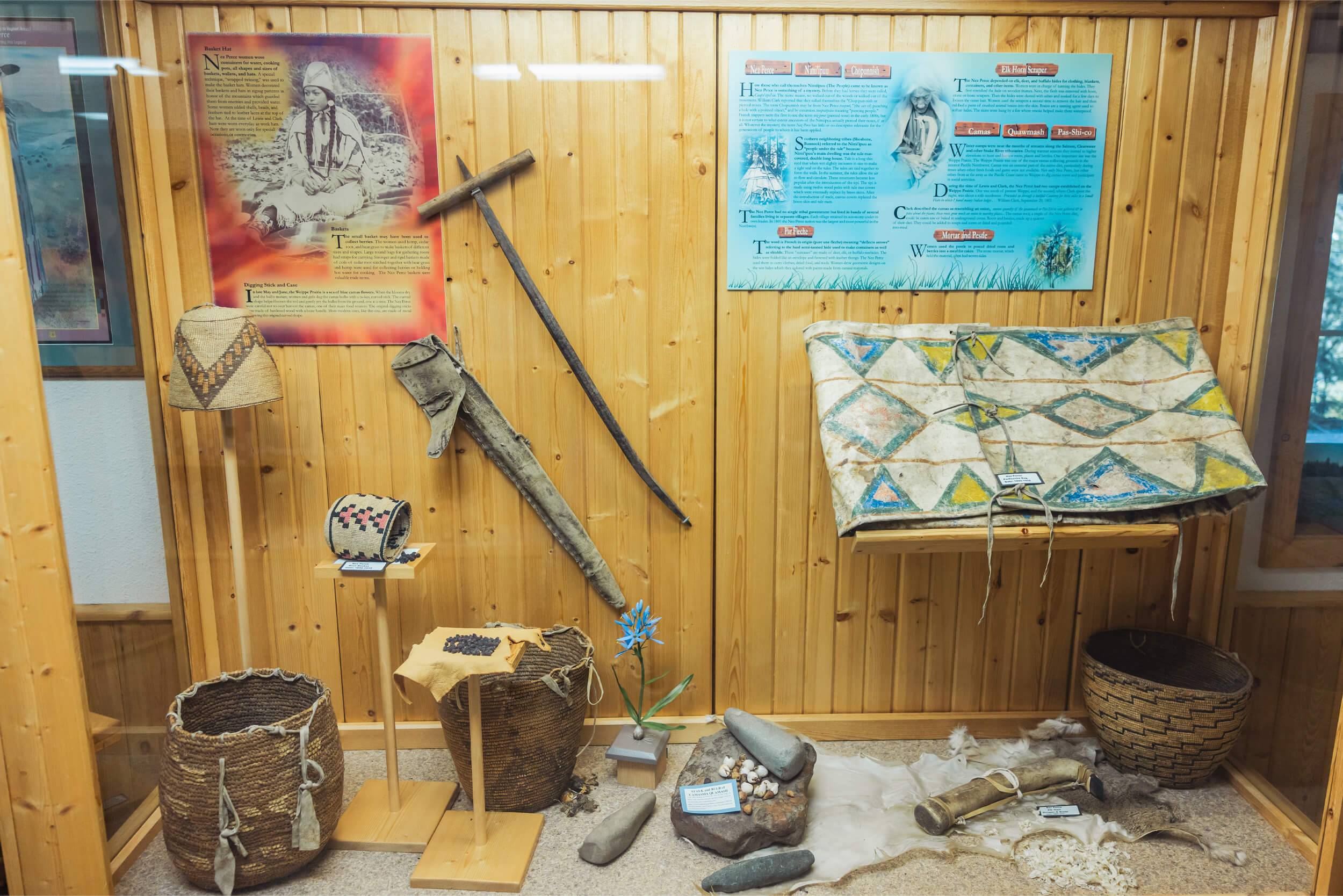 Nez Perce artifacts displayed in a museum case.