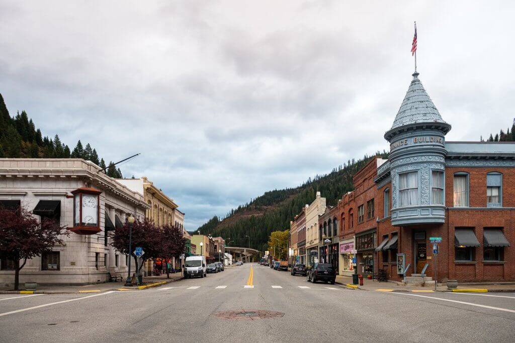 wide view of a street in wallace with historic buildings lining the road