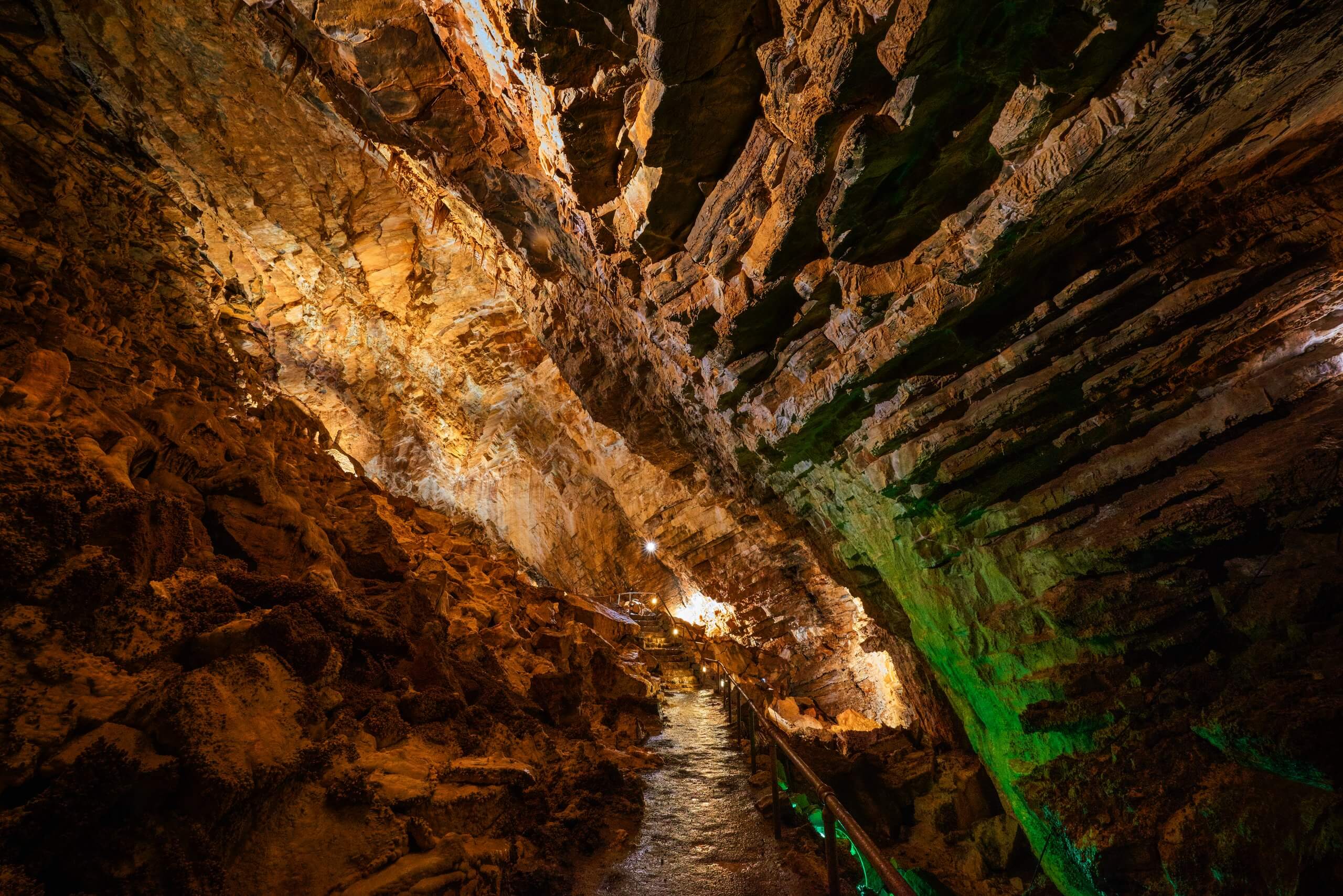 A view from the bottom of the stone steps inside Minnetonka Cave.