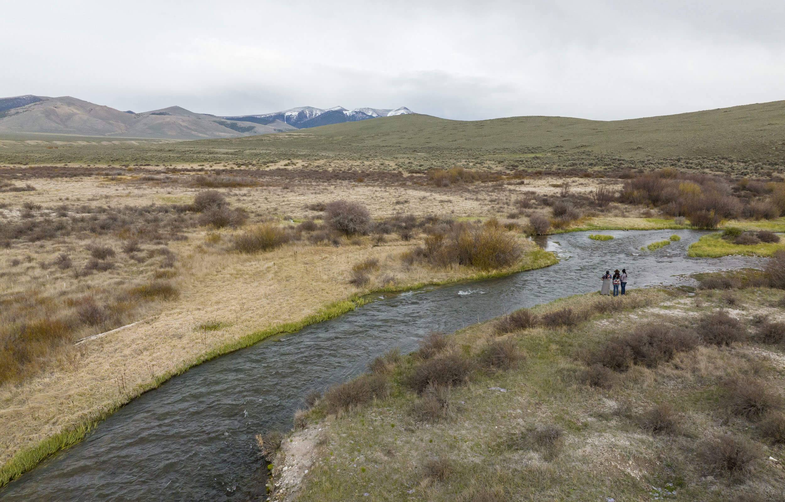 Birch Creek winding through a wide open landscape of desert shrubs, with the Hawley Mountains in the distance.