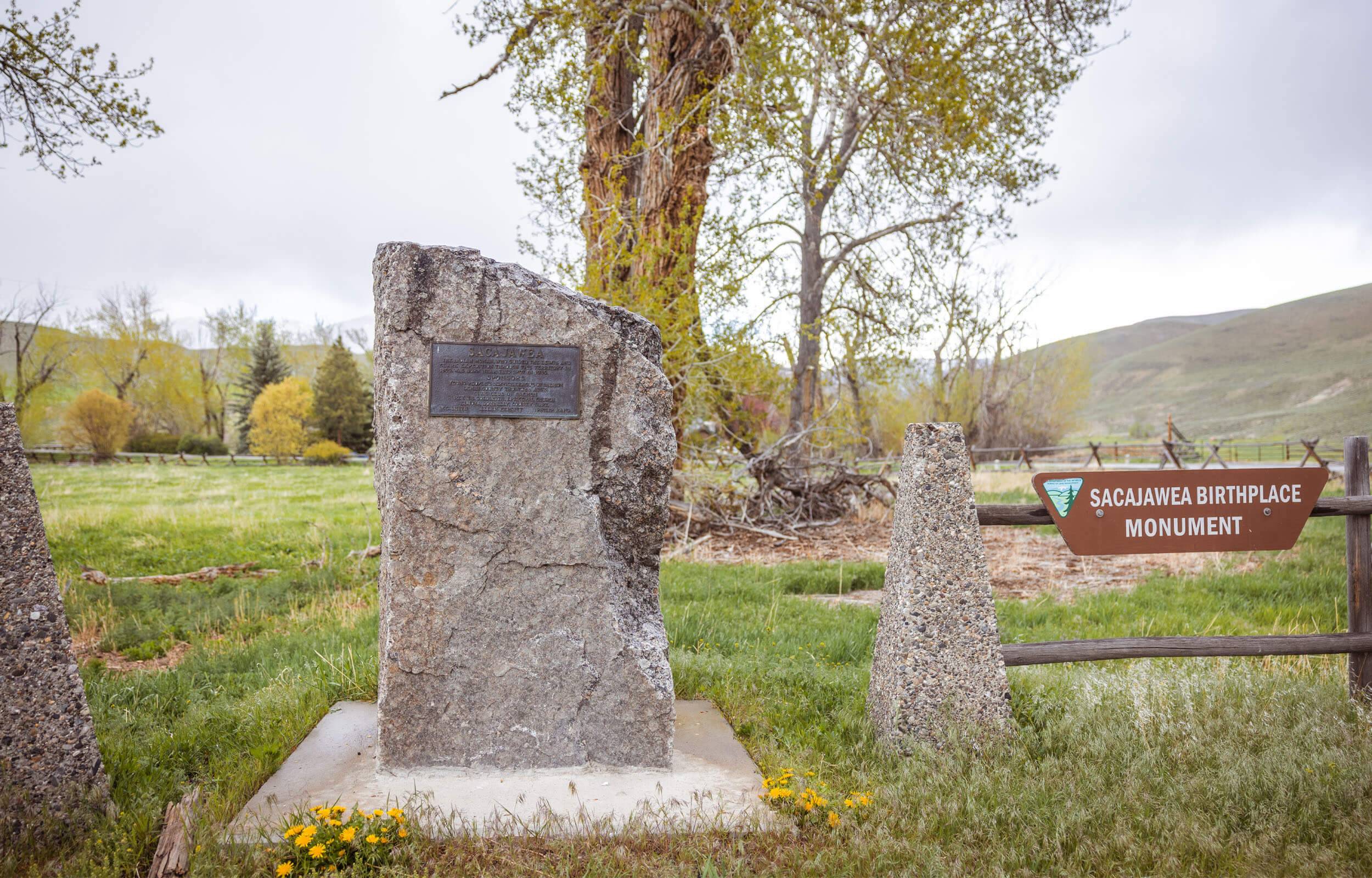 Closeup view of the stone Sacajawea Birthplace Monument.