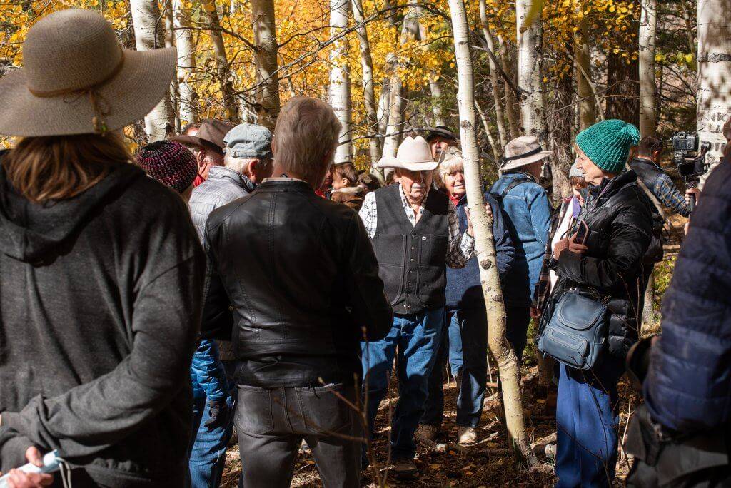 a large group of people standing in a grove of yellow aspen trees