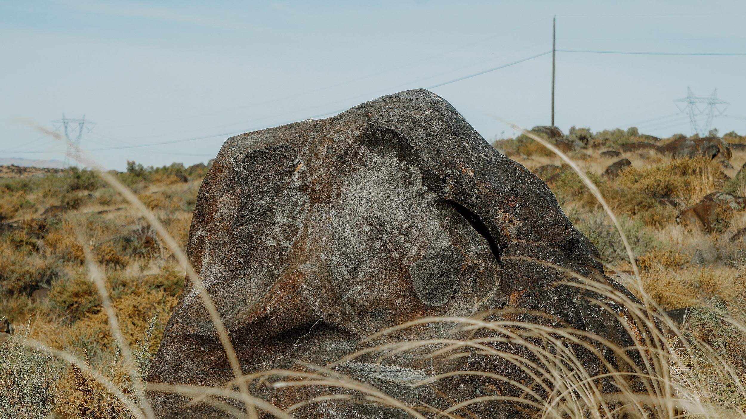 a large rock covered in petroglyphs surrounded by a desert landscape